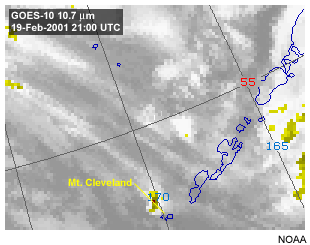 Mt. Cleveland volcanic eruption viewed with the GOES-10 10.7 micron longwave infrared window channel.