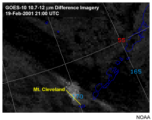 Mt. Cleveland volcanic eruption viewed with a GOES-10 11 minus 10.7 micron channel product.