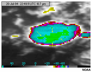 A GOES-8 10.7 micron longwave infrared channel image showing the top of a cumulonimbus cloud
