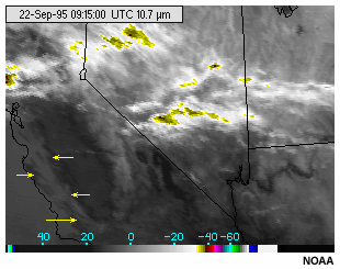 A GOES-8 10.7 micron longwave infrared channel image of a stratus cloud deck