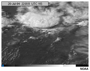 This animation shows a GOES-8 visible channel imagery loop with a standard grayscale enhancement applied to a thunderstorm.