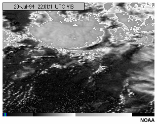 This animation shows a GOES-8 visible channel imagery loop with medium brightness counts enhanced for a thunderstorm.