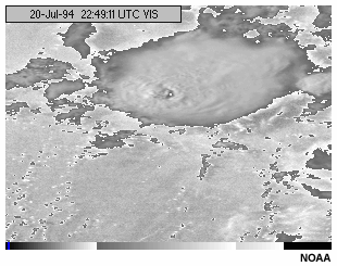 This animation shows a GOES-8 visible channel image of a thunderstorm as the enhancement table is rolled.