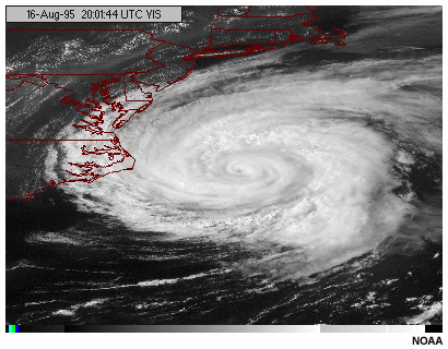 An animation of a hurricane viewed by the GOES-8 visible channel with the enhancement maximized for times during the afternoon