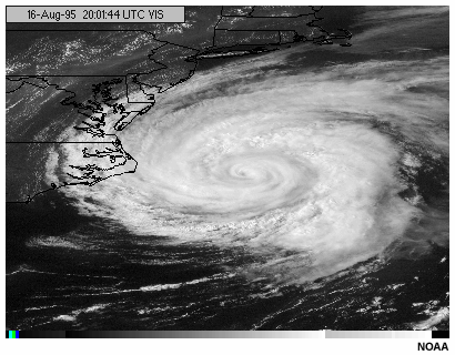 An animation of a hurricane viewed by the GOES-8 visible channel with the enhancement maximized each time in the image loop