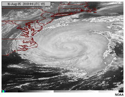 An animation of a hurricane viewed by the GOES-8 visible channel with the enhancement maximized for times near sunset