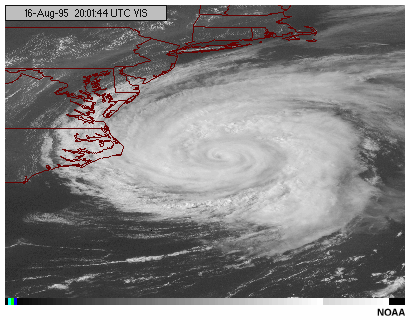 An animation of a hurricane viewed by the GOES-8 visible channel with a standard grayscale enhancement