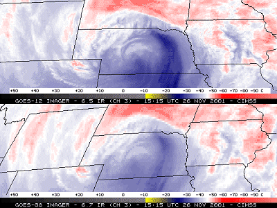 A two image comparison between GOES-8 and GOES-12 highlighting the improved GOES-12 resolution and resulting analysis of two separate jet streaks and associated precipitation
