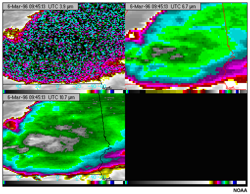 This image shows cumulonimbus clouds viewed with the GOES-8 3.9 micron shortwave infrared channel during nighttime