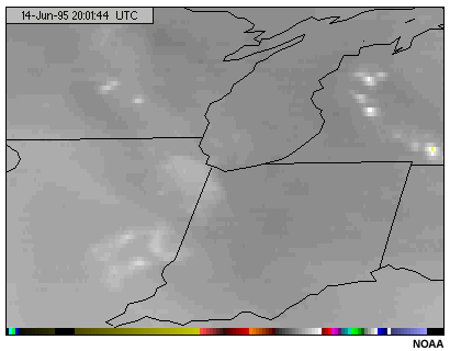 This image shows cumulus clouds viewed with the GOES-8 6.7 micron water vapor channel
