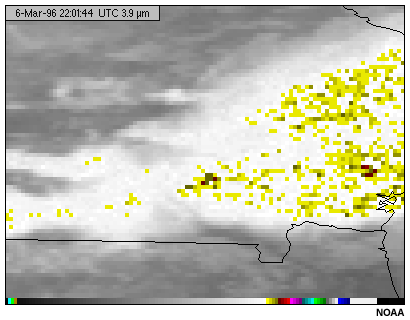 This image shows cumulonimbus clouds viewed with the GOES-8 3.9 micron shortwave infrared channel during daytime
