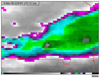 This image shows  cumulonimbus clouds viewed with the GOES-8 6.7 micron water vapor channel