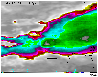 This image shows  cumulonimbus clouds viewed with the GOES-8 10.7 micron longwave infrared window channel