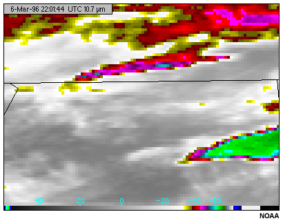 This image shows cirrus clouds viewed with the GOES-8 10.7 longwave infrared window channel