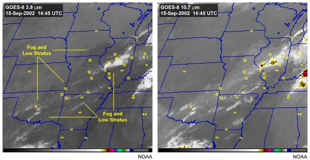 This image shows stratus clouds viewed with the 3.9 micron channel during daytime.