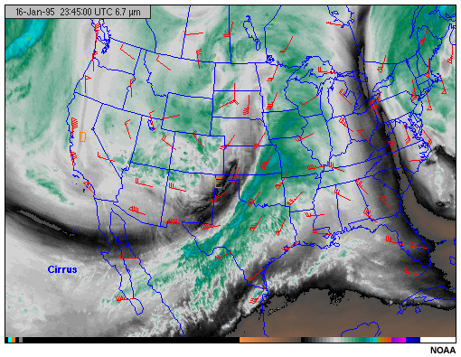 This image shows cirrus clouds viewed with the GOES-8 6.7 micron water vapor channel