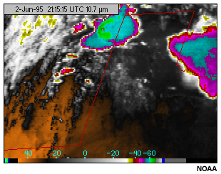 A GOES-8 10.7 micron longwave infrared channel image highlighting warm ground and cold thunderstorm cloud tops