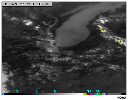 This image shows cumulus clouds viewed with the GOES-8 10.7 longwave infrared window channel