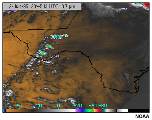 A 10.7 and 11 micron channel image comparison showing the attenuation of terrestrial radiation by low level water vapor