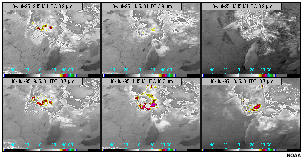 Six panel image composite of GOES-8 3.9 and 10.7 micron channels highlighting dayttime cloud warming at 3.9 microns due to reflection of incoming solar radiation