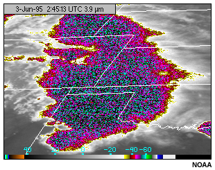 A GOES-8 3.9 micron shortwave infrared channel image of a cold thunderstorm anvil cloud top highlighting high levels of radiometric noise at cold temperatures
