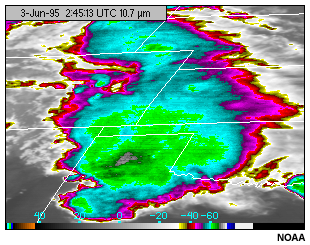 A GOES-8 10.7 micron longwave infrared channel image of a cold thunderstorm anvil cloud top displaying low levels of radiometric noist at cold temperatures