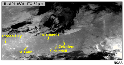 A nighttime GOES-8 3.9 micron image showing urban hot spots during wintertime