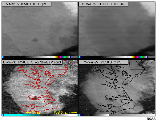 A four-panel composite showing GOES-8 visible, 3.9 micron, 10.7 micron, and derived fog/stratus product images