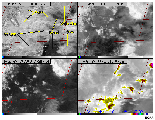 A four panel composite of GOES-8 visible, 3.9 micron, 10.7 micron, and reflected energy product images demonstrating the identification of snow cover