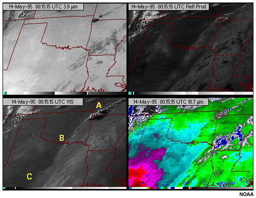 A four panel composite of GOES-8 visible, 3.9 micron, 10.7 micron, and reflected energy product images showing late afternoon detection of haze