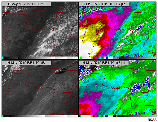 A four-panel graphic highlighting the diurnal cycle of heating and cooling due to hazy and clear airmasses either side of a dryline using GOES-8 visible and 10.7 micron longwave infrared window channel imagery