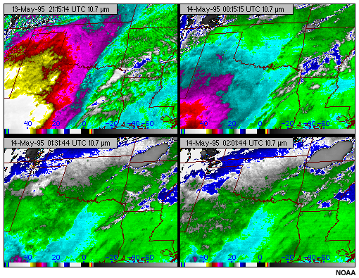 A four-panel graphic highlighting airmass differences and nighttime cooling either side of a dryline using the GOES-8 10.7 micron longwave infrared channel