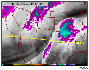 A GOES-8 6.7 micron water vapor image over North America with cross-section transect