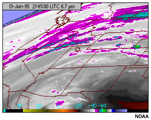 A GOES-8 6.7 micron water vapor channel image showing the limb effect/cooling brightness temperatures as scan angle increases