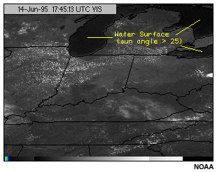This image shows the GEOS-8 visible channel for water surfaces with a sun angle greater than 25 degrees.