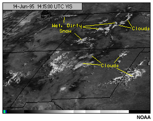 This image shows the GOES-8 visible channel for wet dirty snow.