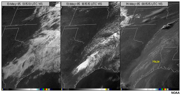 This image shows atmospheric haze during morning, afternoon and evening viewed with the GOES-8 visible channel.