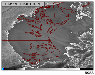This image shows a GOES-8 visible channel image with dark brightness counts selectively enhanced.
