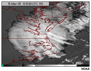 This image shows a GOES-8 visible channel image with medium brightness counts selectively enhanced.