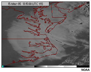 This image shows a GOES-8 visible channel image with the lightest brightness counts selectively enhanced.