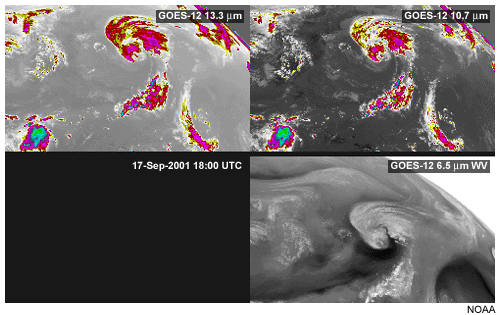 This image shows cirrus clouds viewed with the GOES-12 13.3 micron carbon dioxide channel
