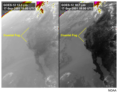 This image shows fog viewed with the GOES-12 13.3 micron carbon dioxide channel