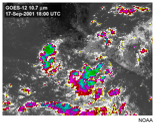 This image shows cumulonimbus clouds viewed with the GOES-8 10.7 micron longwave infrared window channel