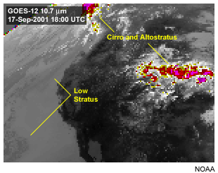 This image shows stratus clouds viewed with the GOES-12 10.7 micron longwave infrared channel