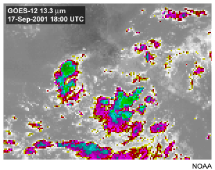 This image shows cumulonimbus clouds viewed with the GOES-12 13.3 micron carbon dioxide channel.
