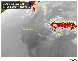 This image shows cumulus clouds viewed with the GOES-12 13.3 micron carbon dioxide channel