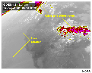 This image shows stratus clouds viewed with the GOES-12 13.3 micron carbon dioxide channel