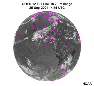This image shows a full disk view of earth in the 10.7 micron channel.