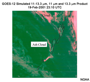 This imaged depicts a simulated GOES-12 volcanic ash product using 10.7 and 13.3 micron channel combinations from MODIS.