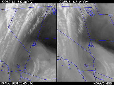 Two images comparing GOES-12 and GOES-8 water vapor channels to demonstrate the effects of a broader spectral response and higher spatial resolution with the GOES-12 6.5 micron water vapor channel